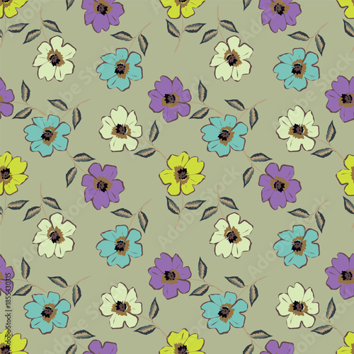 Floral botanical vector texture pattern with flowers and leaves. Seamless pattern can be used for wallpaper, pattern fills, web page background, surface textures.