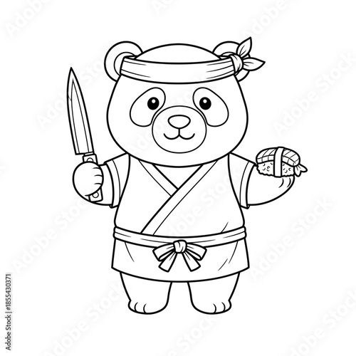 Cute Panda Chef Holding Knife and Sushi Roll Cartoon Illustration.
