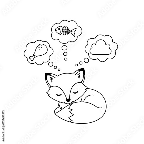 Cute Sleeping Fox Dreaming of Food and Clouds Line Art.