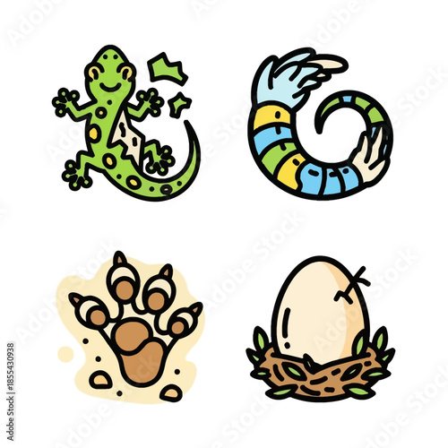 Four colorful cartoon icons depicting a lizard, a shrimp, a paw print, and an egg in a nest, representing various aspects of the animal kingdom.