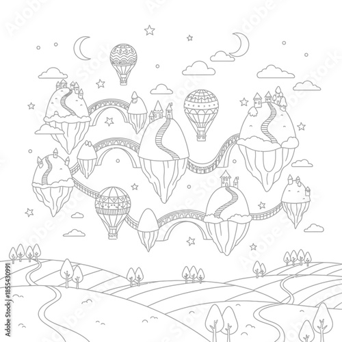 Fantasy floating islands with hot air balloons and bridges.