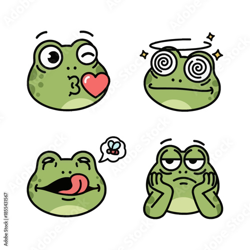 Four cartoon frog faces showing different emotions: blowing a kiss, dizzy, licking lips, and bored.