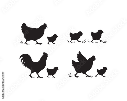 chicken silhouettes, poultry farm silhouettes, rooster silhouettes, chicken family silhouettes vector set collection