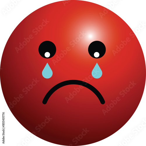 A 3D rendered red crying emoji with blue tears and a sad expression.