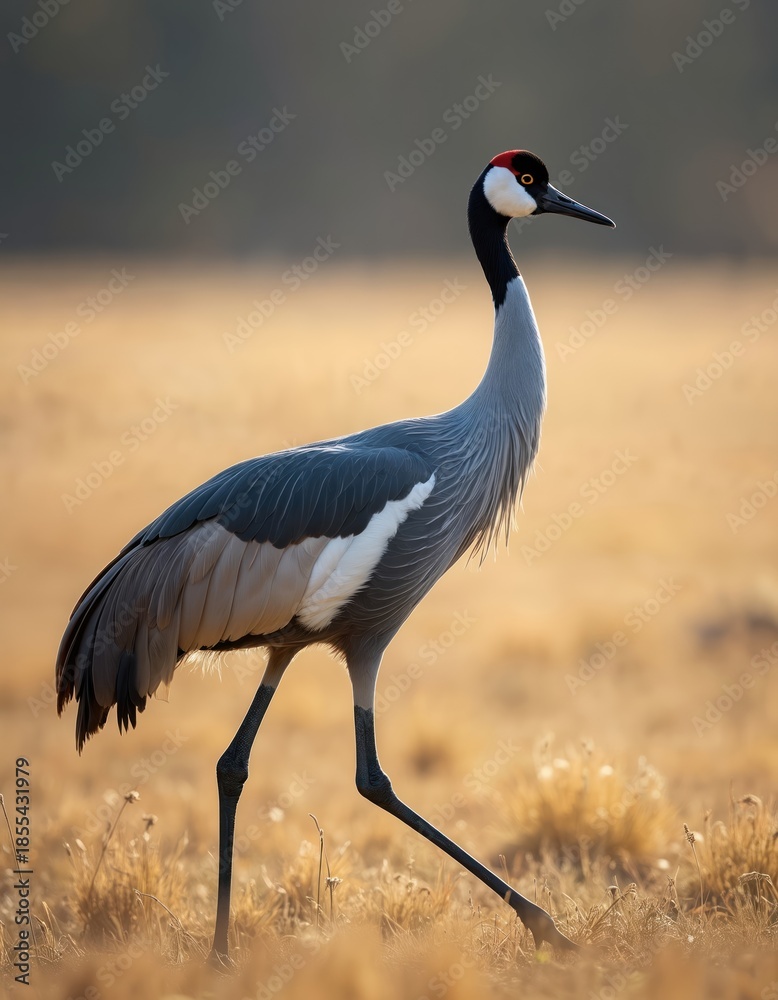 Fototapeta premium Grey crowned crane with elegant red crest walks through dry grass field in savanna. Big African bird with long neck and legs foraging for food during daytime in its natural habitat.