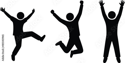 Black silhouette jumping people celebrating success, happy human figures posing victory gestures isolated on white background vector illustration design art