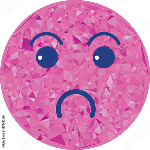 Pink faceted emoji with a sad expression, featuring dark blue eyebrows, eyes, and a frowning mouth.