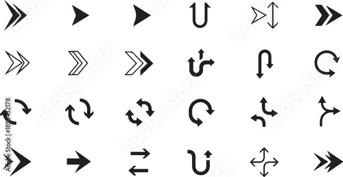Abstract Arrow and Directional Symbols Icon Set in Black and White for Modern UI Design
