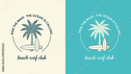 Beach surf club logo with palm tree and surfboard, vintage coastal badge design for ocean lifestyle branding and apparel
