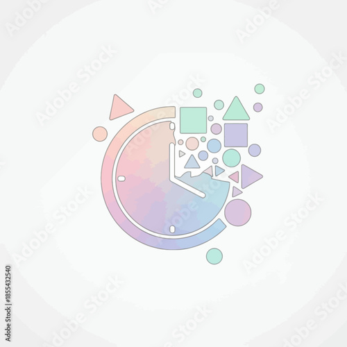 A pastel-colored clock face with geometric shapes fragmenting from its right side, symbolizing time's passage.