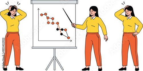Business Presentation with Downward Graph, Concerned Reactions, Three People in Discussion, Data Decline Illustration, Performance Review Concept