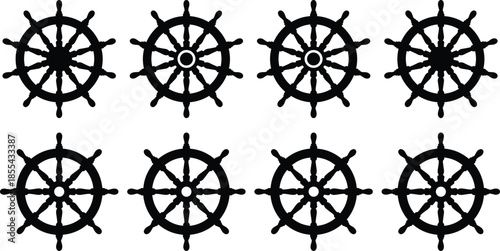 Ship wheel silhouettes icon set, nautical steering helm symbols, black vector collection, maritime navigation design, isolated on white background, illustration