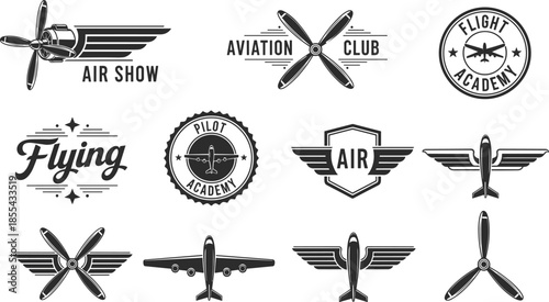 Vintage aviation logo set with airplane wings propellers pilot academy air show badges classic flight emblem vector collection