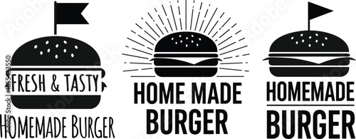 Homemade burger logo set with fresh tasty typography burger icons restaurant food branding black and white vector illustration
