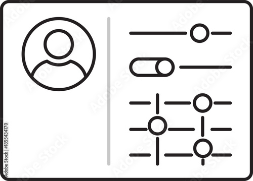 Minimalist outline vector illustration representing a user account settings and configuration interface with profile avatar, sliders, toggles, and control elements, suitable for UI design.