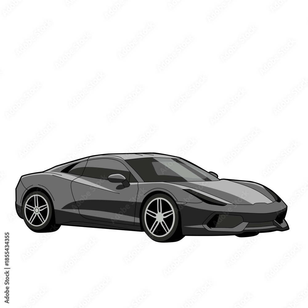 Fototapeta premium Modern dark gray sports car illustration isolated on white background. Sleek supercar design suitable for automotive concepts, racing themes, transportation graphics, posters, and web design