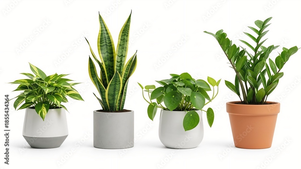 Obraz premium Set of four popular indoor houseplants displayed in stylish modern pots perfect for home decor office spaces or plant care guides