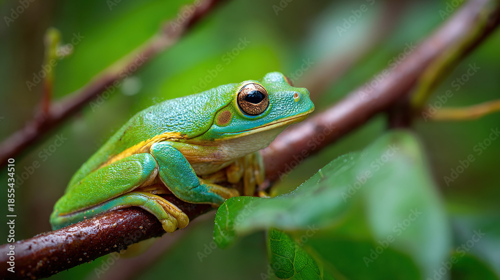 Obraz premium Green Tree Frog Resting on Branch