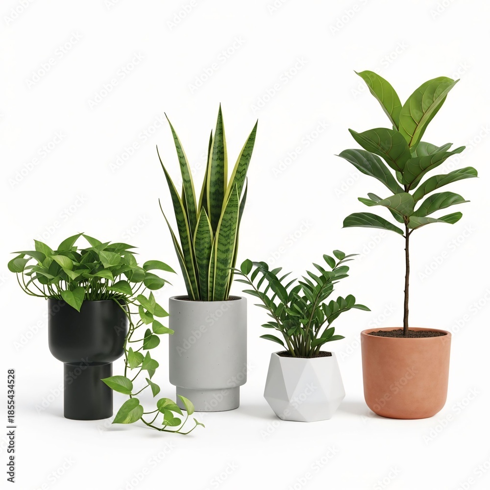 Fototapeta premium Group of popular indoor houseplants in modern decorative pots isolated on a clean white background for interior design projects