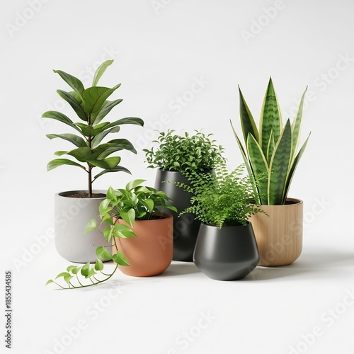 Collection of diverse houseplants in modern pots arranged for interior design and home decor inspiration isolated on a clean white background