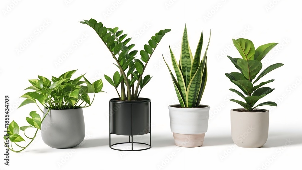 Obraz premium Collection of four potted houseplants including pothos ZZ plant snake plant and fig leaf in modern planters for home decor and interior design isolated on white