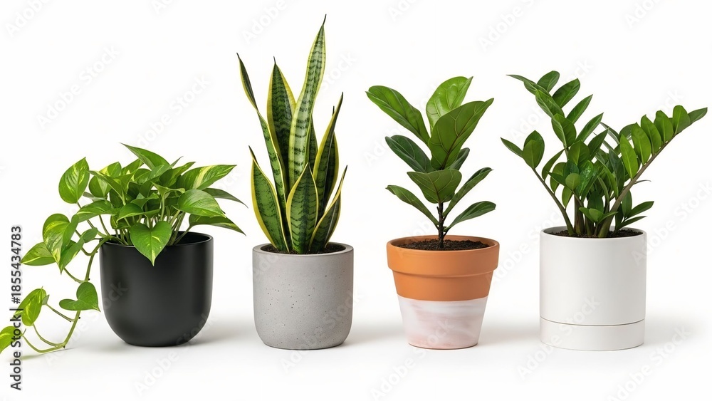 Obraz premium Collection of four diverse houseplants in modern pots perfect for home decor interior design and creating a natural green ambiance
