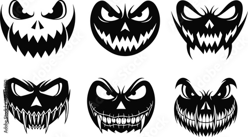 Scary Halloween Pumpkin Faces Vector Set with Evil Jack O Lantern Expressions Creepy Black and White Horror Illustration Collection