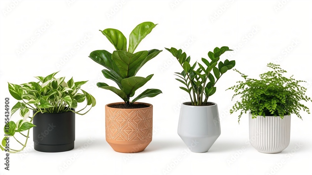 Fototapeta premium Collection of four potted houseplants including pothos fiddle leaf fig ZZ plant and fern in modern decorative pots isolated on white background for interior design