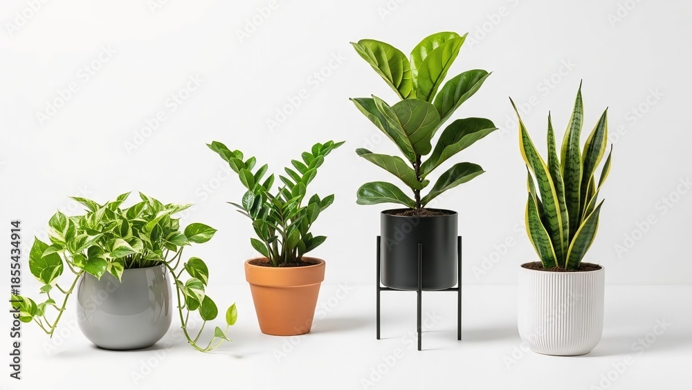 Fototapeta premium Collection of four potted houseplants including a snake plant and fiddle leaf fig arranged in modern planters for home decor and interior design