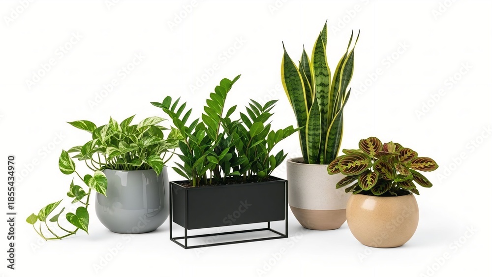 Fototapeta premium Collection of diverse houseplants in modern pots arranged for interior design and home decor inspiration isolated on a clean white background