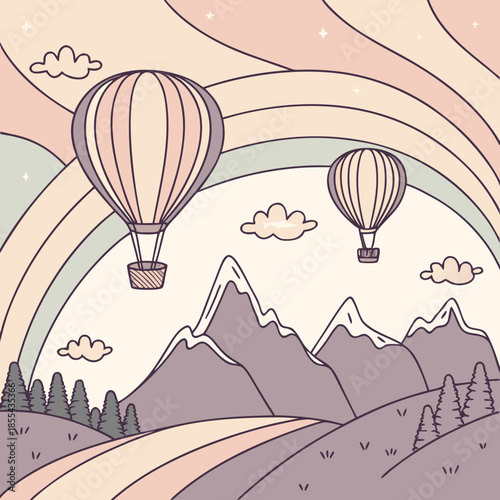 Hot air balloons over mountain landscape