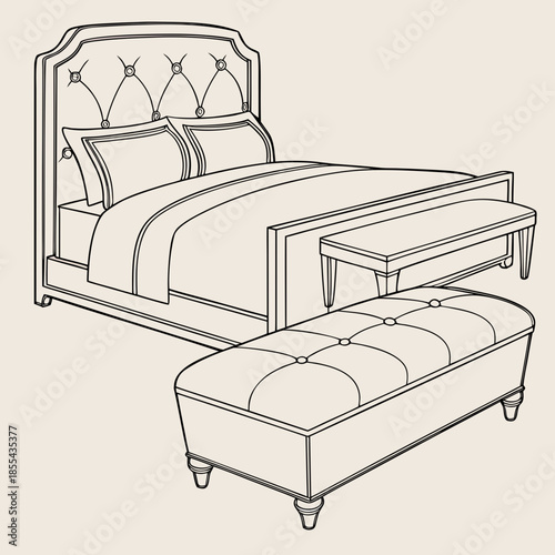 Elegant bedroom setup with tufted bed and bench