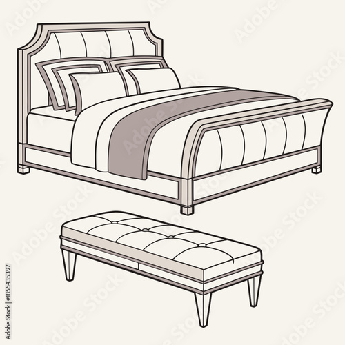 Elegant bedroom setup with tufted bed and bench