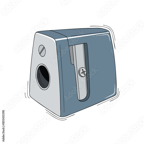 Illustration of a blue and gray pencil sharpener, with a screw and a hole