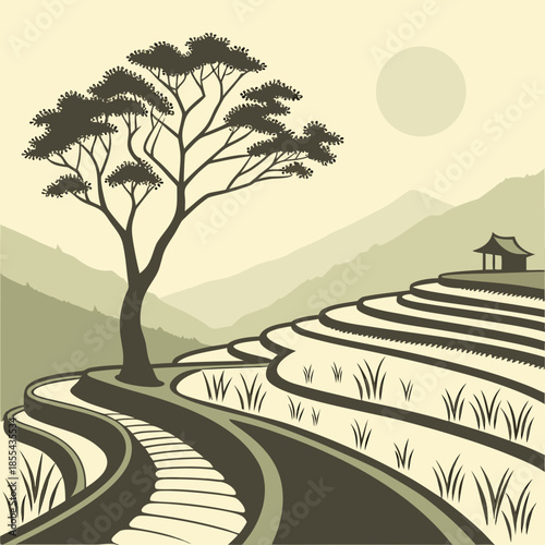 Serene rice terraces under moonlight