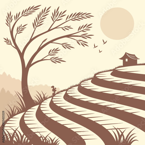 Serene rice terraces under sunlight