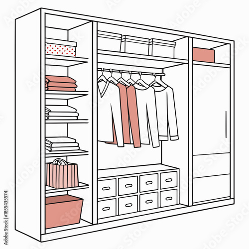 Organized wardrobe with shelves and drawers