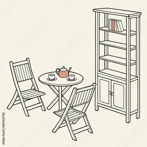 Cozy indoor tea setting with bookshelf