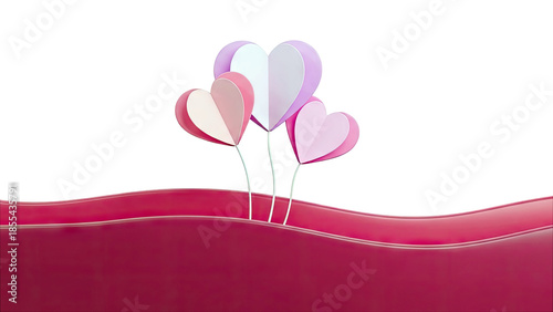 3D Paper Hearts Flowers on Pink Abstract Wave on transparent background