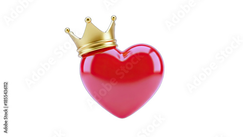 3D Red heart with a golden crown on transparent background
