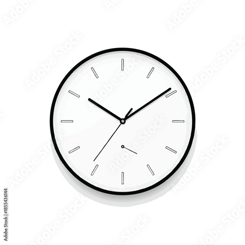 A minimalist clock with black hands and markers, with a dark shadow