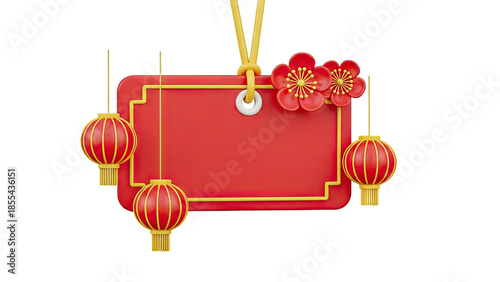 3D Red Lanterns and Plum Blossoms on Festive Chinese New Year Tag on transparent background