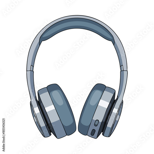 A cartoon-style overhead headset illustration in shades of gray on a white background