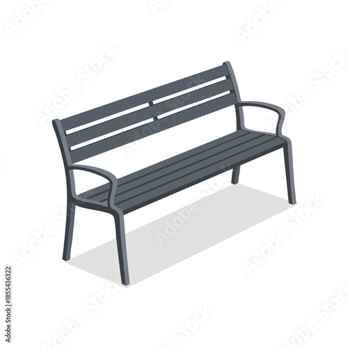 Isometric view of a gray park bench on a white background, casting a shadow