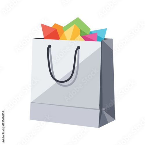 A grey shopping bag with black handles and colorful abstract shapes spilling out