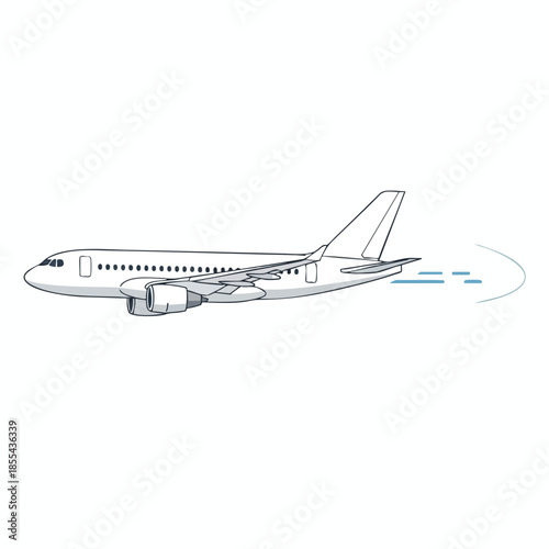 Illustration of a passenger aircraft with exhaust trails on a white background