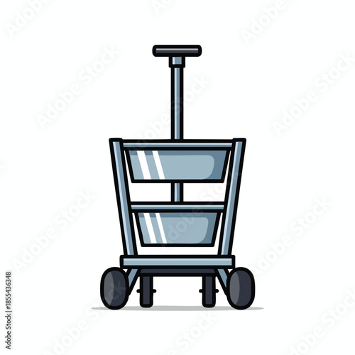 Cartoon illustration of a shopping cart, with grey metal frames and black wheels