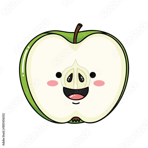 Cartoon apple slice with a happy face, green peel, and small brown stem