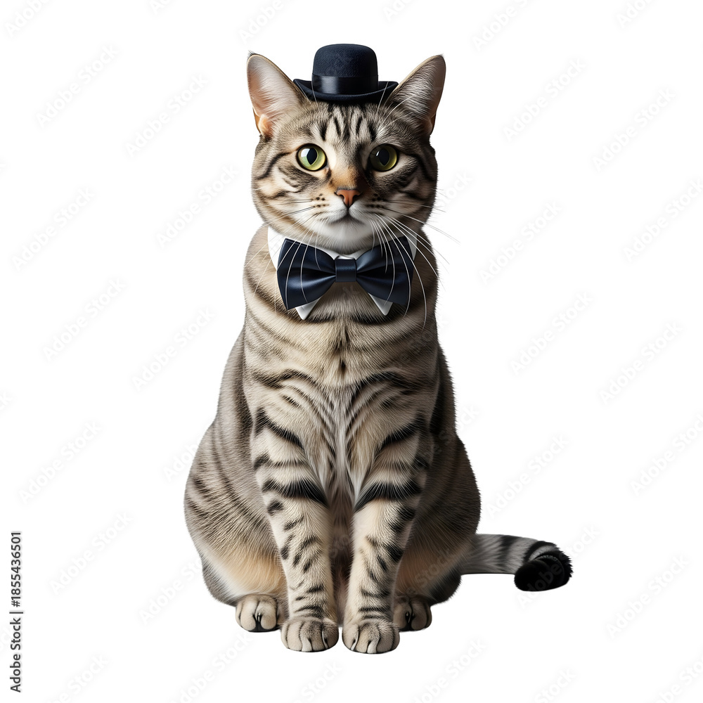 Fototapeta premium A charming cat in a formal outfit, including a hat and bow tie. The cat looks distinguished and well-dressed, ready for a special occasion, isolated on transparent background