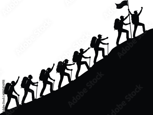Vector silhouette illustration of a team of hikers climbing a steep mountain toward the summit, achieving success, goal, motivation, and reaching the top with a triumphant flag.
